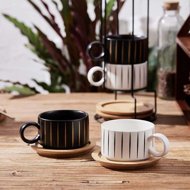 black and white cappuccino mugs with gold and black stripes wooden saucers stacking metal stand coffee gift inspiration