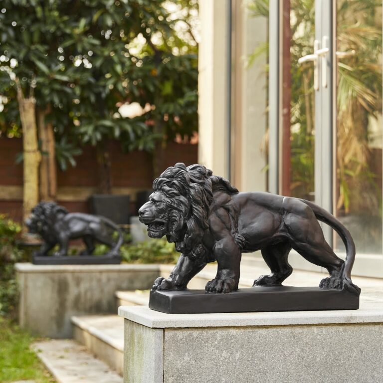 elegant lion garden statue thick mane muscled sculpture unique entryway statues for sale online lion entry guards dark bronze finish