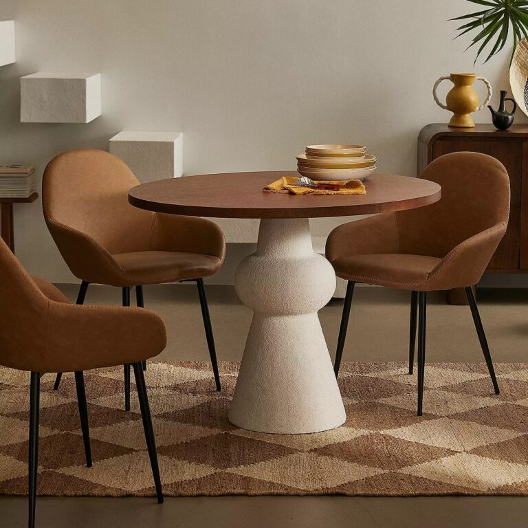 luxury small pedestal dining table with textured base geometric decor thick birch wood tabletop luxury dining room furniture for smaller spaces