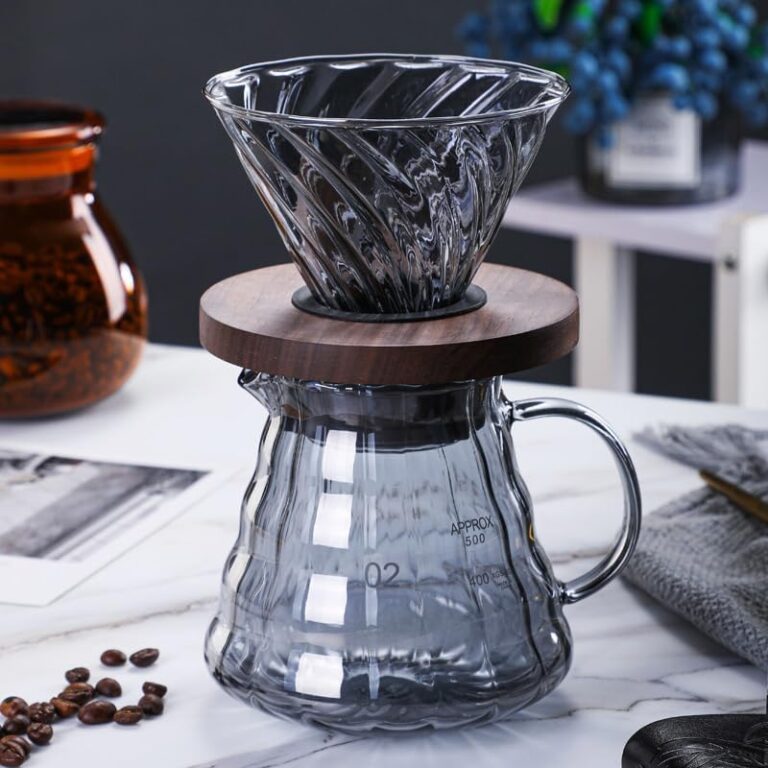 stylish modern pour over coffeemaker with dripper and carafe smokey glass and walnut wood details countertop worthy kitchen accessories