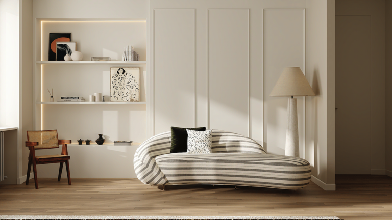 asymmetrical sofa with stripes