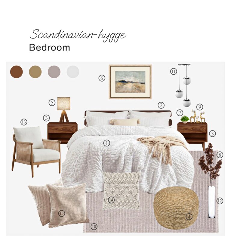 bedroom scandinavian hygge product board with shopping list