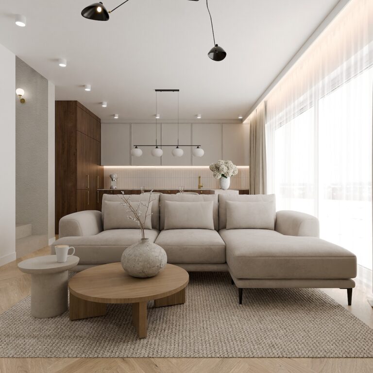 beige living room with sectional