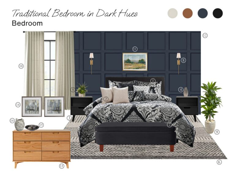 traditional bedroom in dark hues product board with shopping list