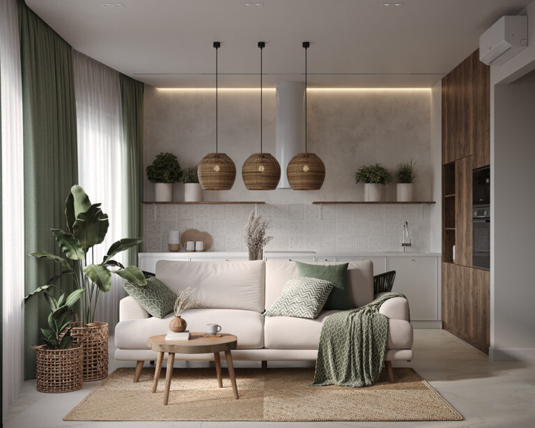 earthy living room with rattan pendant lights