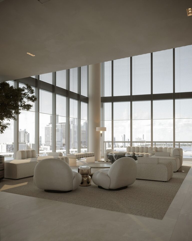 open living room with floor to ceiling windows